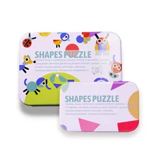 Montessori pattern blocks wooden preschool colorful shape iron box jigsaw puzzle animal geometric 3d tangram