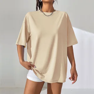 Tiktok Cross-border European American 2026 Summer New Cute Basic Solid Color Crew Neck Mid-length Half-sleeve Loose T-shirt