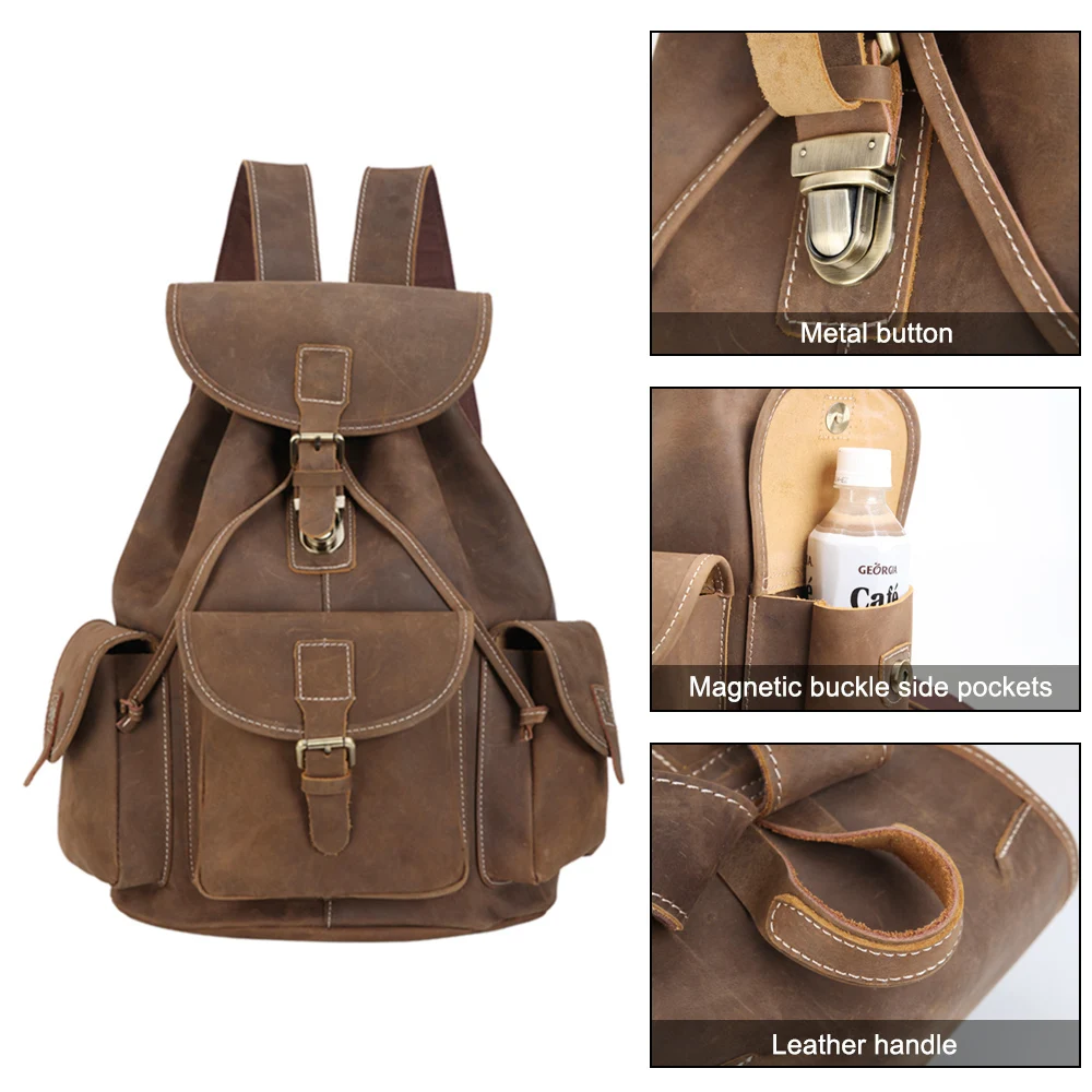 Tiding Vintage Full Top Grain Drawstring Leather Back Pack Real Leather Men Backpack