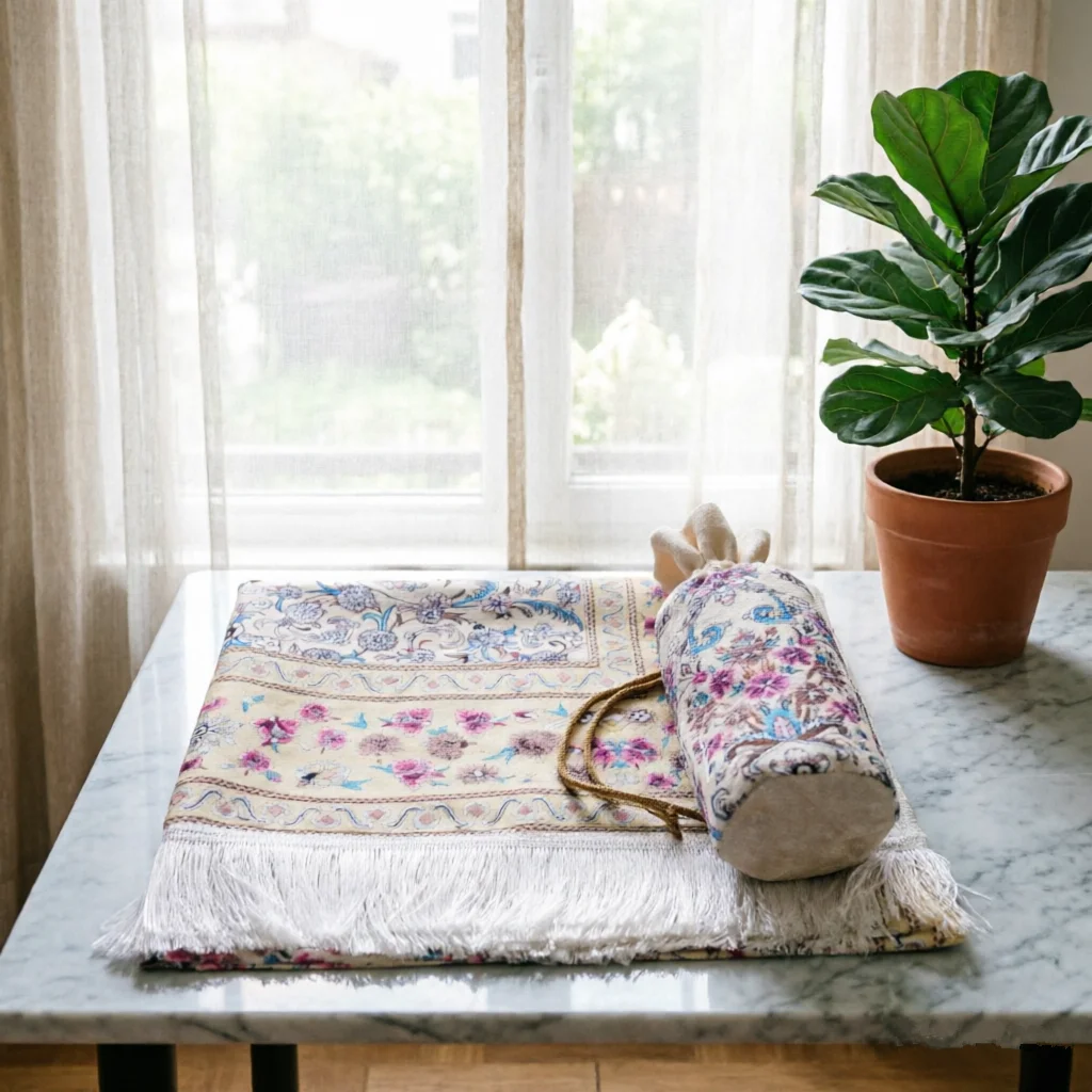 Ensemble élégant de tapis de prière en polyester à motif floral avec pochette de voyage antidérapante - Design musulman moderne - Tapis de prière portable pour la maison - Cadeau_voghion.com