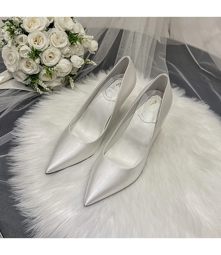 Cheap Silk Size 43 Pointed Toe Bride Pyramid Low White Heels For Wedding - Image 5
