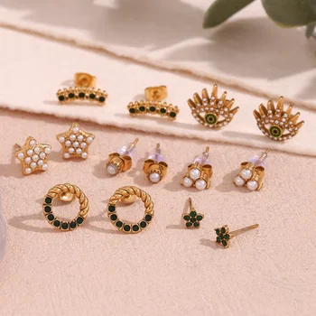 Dainty Zircon Stud Earrings Set Gold Plated Jewelry Evil Eye Jewelry Stainless Steel Earrings