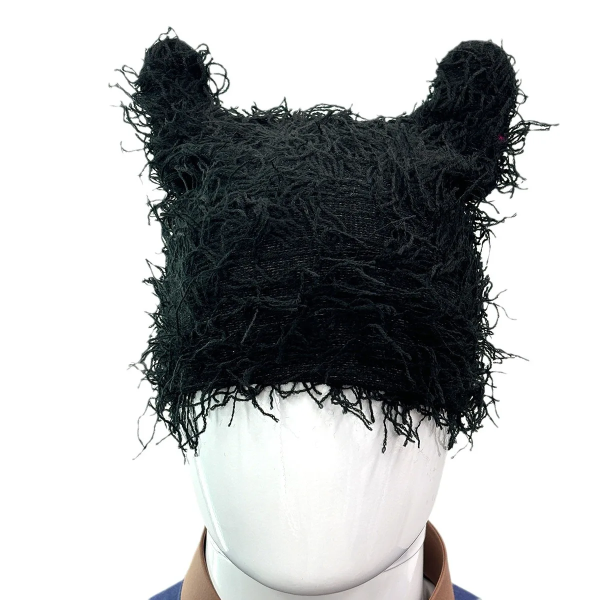 New Arrival Designer Custom logo Cat Ear Mask Ski Balaclava Jacquard Embroidery Distressed Winter Knitted Furry Y2K Beanie Hat