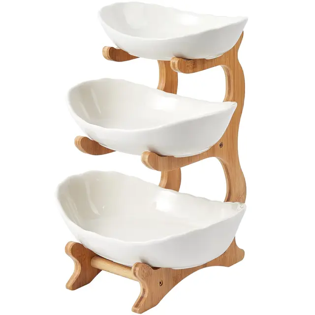 3 Tier Ceramic Fruit Bowl, with Bamboo Wood Stand, White Kitchen Fruit Basket Stand Fruit Serving