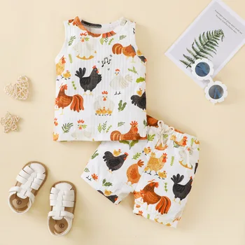 infant neutral summer rooster embroidery set vest top + shorts two-piece set