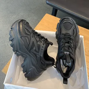 2026 New Fashion Platform Sport Shoes Womens Summer Black White Casual Chunky Sneakers Women Leather Platform Tennis Shoes