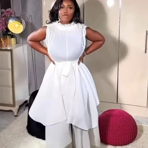 African Plus-size Women's Fashionable Casual Suit in Solid Color with Belt, Miyake Pleated Suit