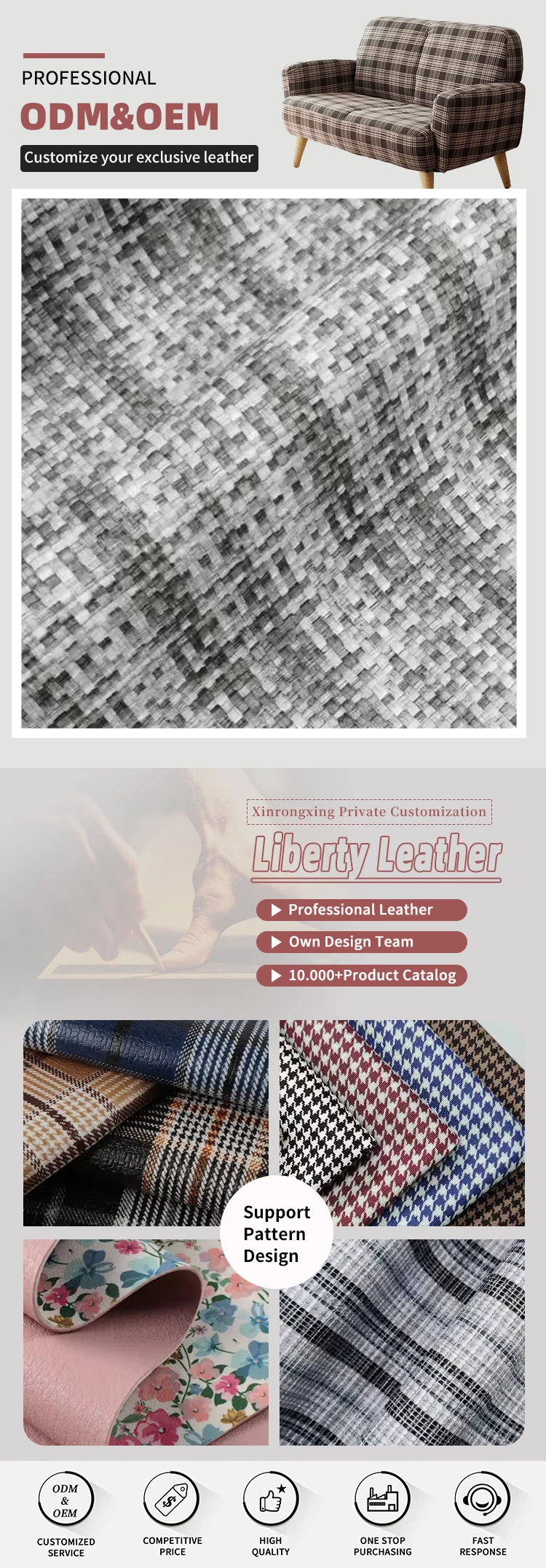 0.8mm Thickness 137cm Width PVC Leather Faux Leather Fabric with Grass Mat Printing in 5 Colors