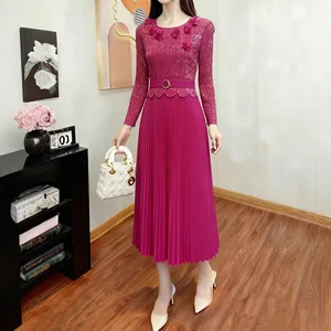 Factory Direct Spot Summer Ladies Casual A-Line Pleated Design Appliqué Dress Long Sleeve Shirt Dress Free Size Miyake Dress