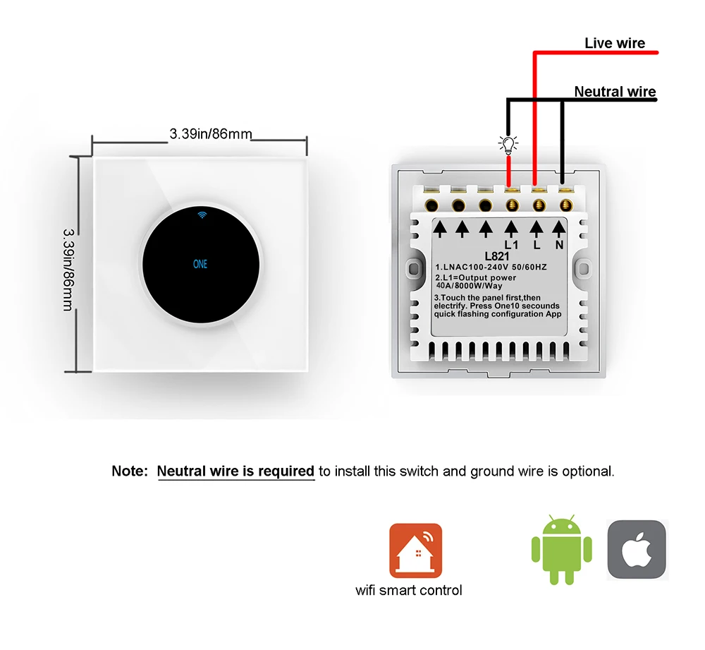 40a Wifi Smart Wall Touch Switch 1 Gang Remote Control By Mobile App