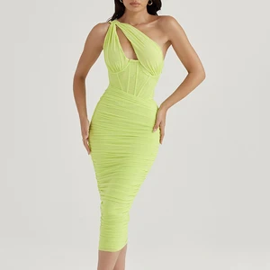 Factory Wholesale Sexy Summer Ladies Casual Elegant Party Women Bodycon Shirred Mesh Medium Dresses