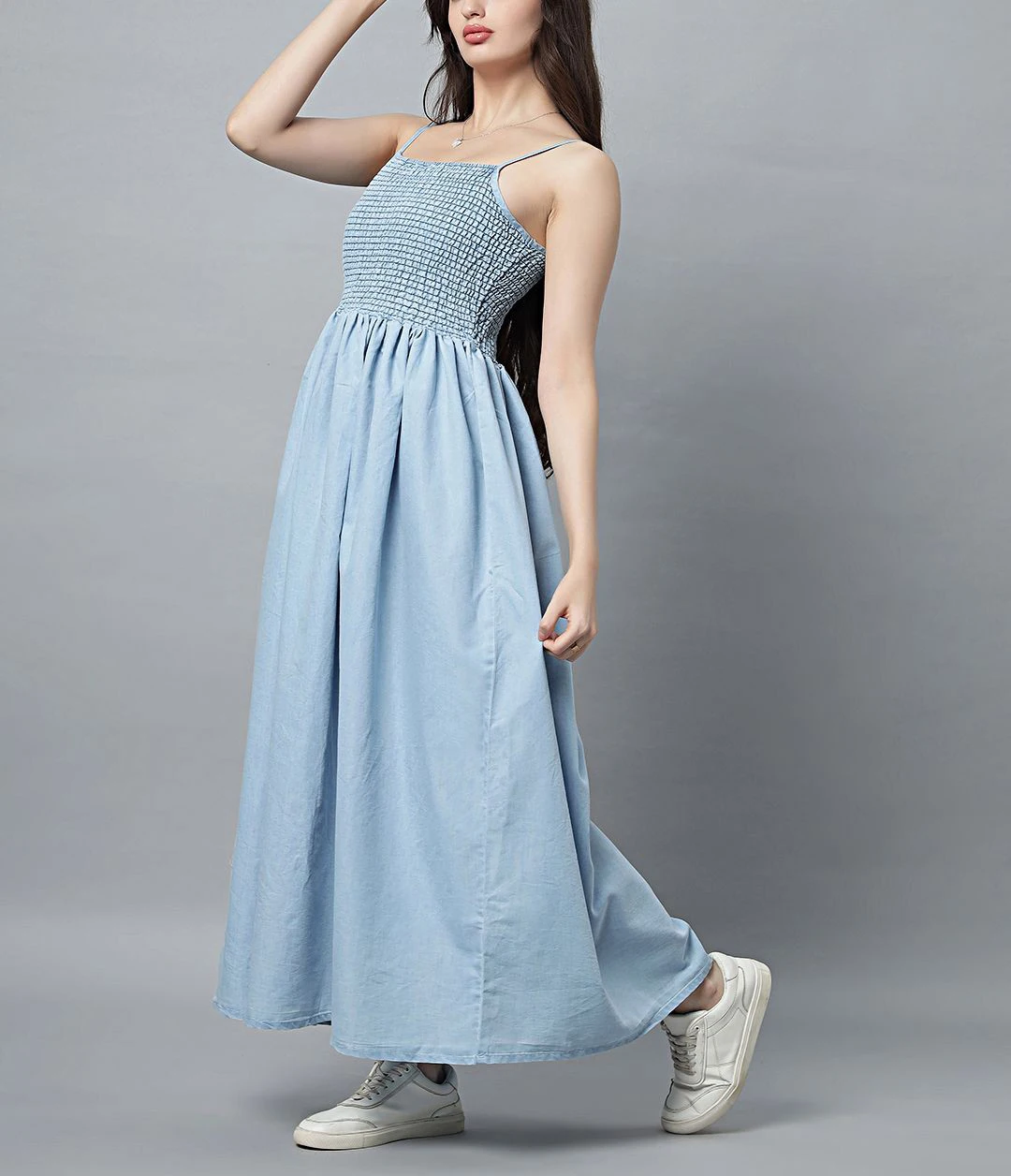 Shop High Quality Women's Light Wash Cotton for Tencel Denim Maxi Dress  Custom Logo Smocked Body Button Wholesale High Qual