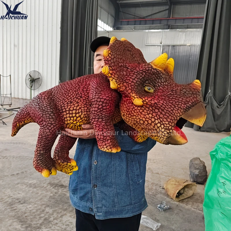 product l1m realistic red triceratops hand puppet manual control eyes blink moving mouth animatronic baby dinosaur puppet for kids-1