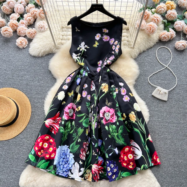 LE1917 2024 Socialite Banquet Evening Dress Summer French Slimming Temperament A-Line Sleeveless Lady Fold Floral Printed  Dress