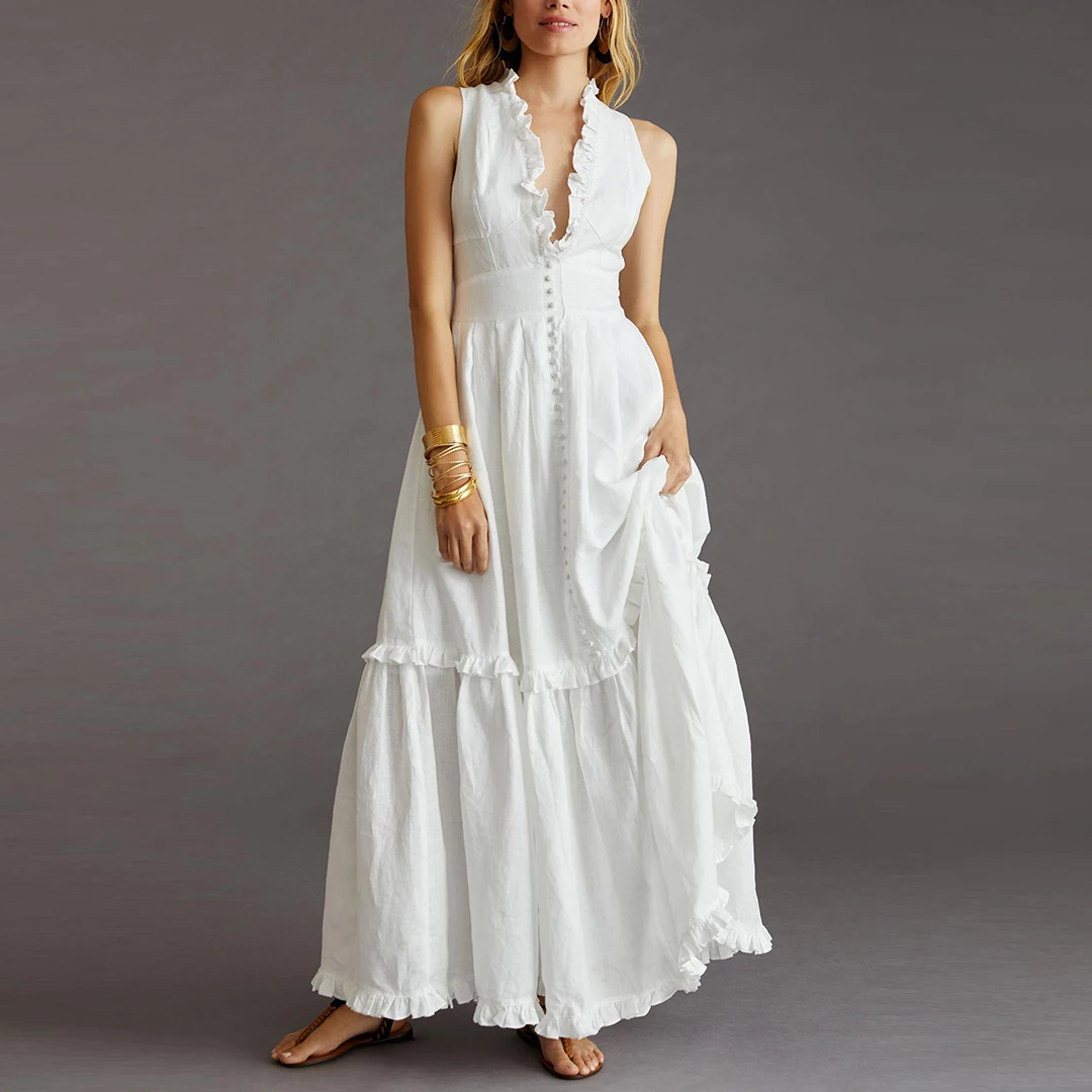Custom Summer 100% Cotton Sleeveless Maxi Lady Elegant Dress With ...