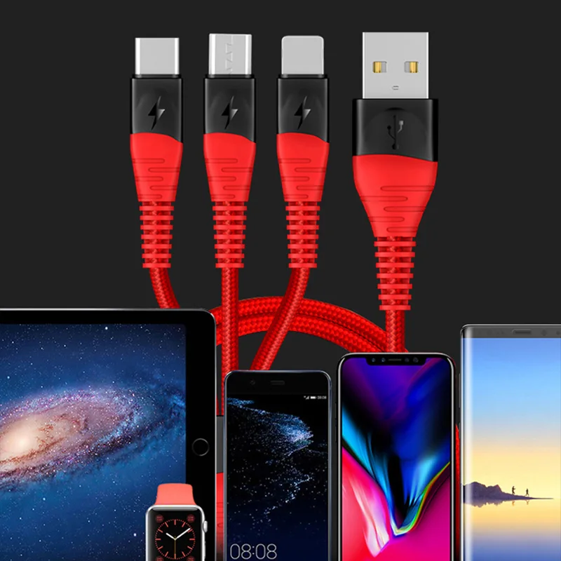 Usb-кабель для быстрой зарядки, Type-C, для телефона, Usb-кабель для передачи данных, зарядное устройство, новинка, прочный нейлоновый Плетеный Micro 3 в 1, 3 в 1, HY-C1908 ODM/OEM