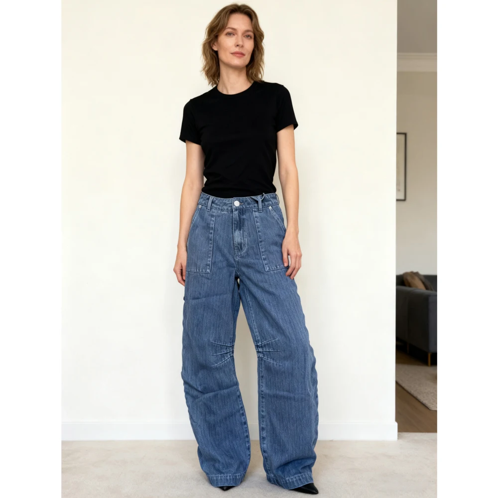 Customized Baggy Wide- Leg Culotte Jeans Striped Balloon Denim Jeans