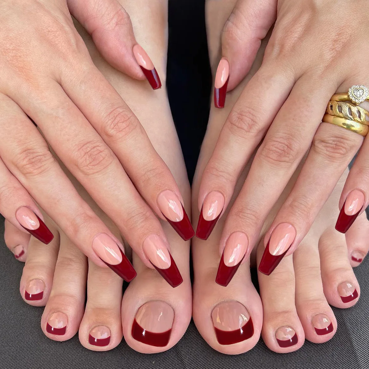 Factory Price 48 Pcs/box Red Color Coffin French Designs Manicure Nail and Toe Nails Press on Matching