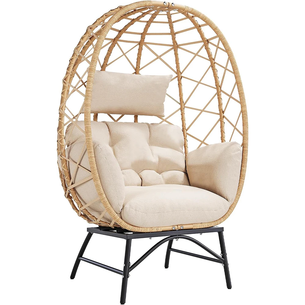 Modern Rattan Egg Chair Oversized Outdoor Lounge Chair with Cushion for Patio Backyard & Balcony-Beige