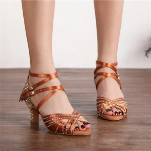 Ladies Satin Latin Dance Shoes High-Heeled Soft-Soled Salsa Stage Performance Shoes Indoor Non-Slip Ballroom Dancing Shoes
