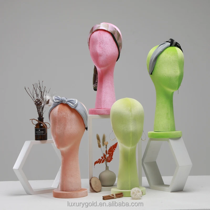 Luxury Hat Stand Headband Female Head Wig Manikin Head Round Base Rose Red Long Neck Velvet Mannequin Head for Wig