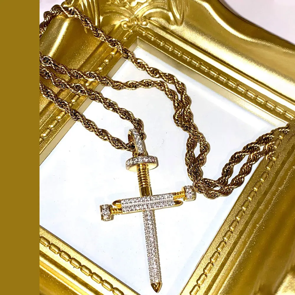 Nail Shape Cross Hip Hop Jewelry 14k Gold Plating 925 Sterling Silver Pave Zircon Cross Pendant whit Rope Chain