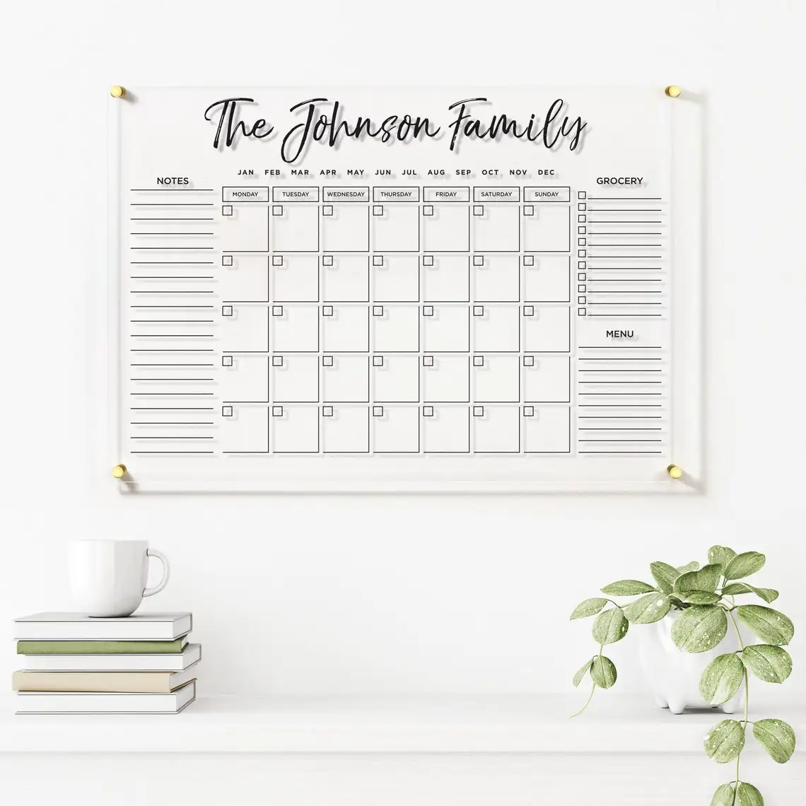 Large Acrylic Wall Calendar with Side Headers & Monthly Planner - 18x14  inches - Gold Hardware - Sunday