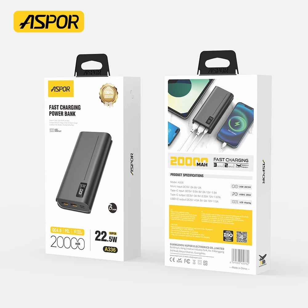 Aspor Factory Power Bank 20000mAh Fast Charging Mobile Phone  External Battery Portable Charger for Phones