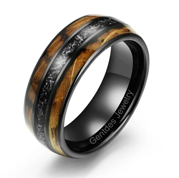 Gentdes Jewelry 8mm Black Titanium Steel Dome Rings Crush Meteorite and Whiskey Barrel Wood Wedding Bands US Size 9 to16