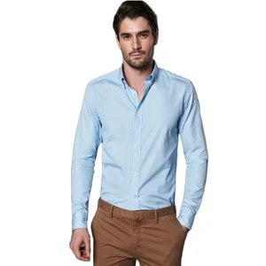 New Style Casual Custom Print Logo 100% Cotton Blue White Stripes Long Sleeve Men Shirt