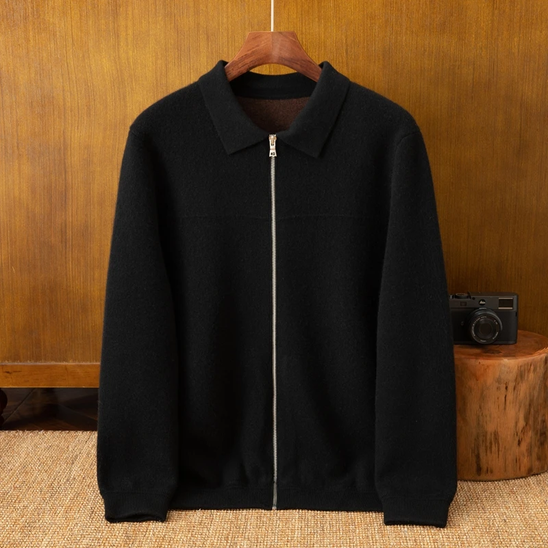 Autumn Winter Men's 100% Cashmere Breathable Padded Cardigan Zipper Knitted Shirt Collar Sweater Jacket