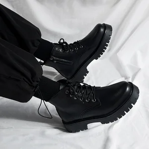 Men's British Style Leather Boots Waterproof Non-Slip Thick-Soled High Top Lace-Up Autumn Workwear Height Increasing Feature