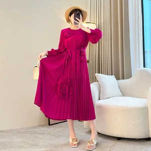 2026 Spring Summer Fashion Heavy-Duty Beaded Embroidered Pleated Age-Reducing Western Style Loose A-Line Floor-Length Solid for