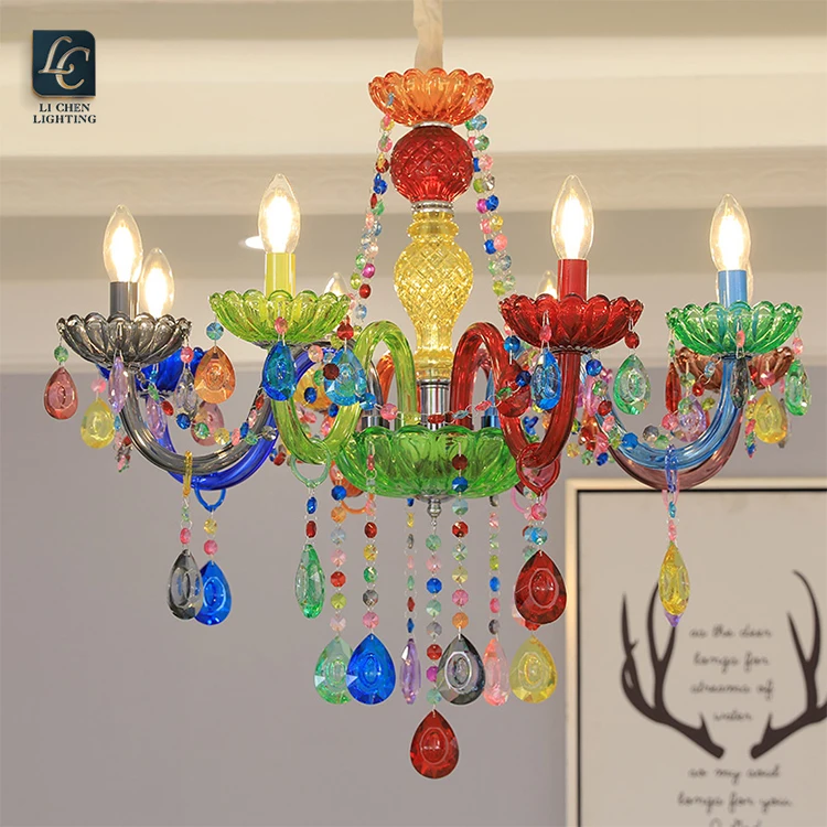 P0050 Artistic Multi-Color Murano Glass Chandelier – Vibrant Stained Glass Pendant for Living Room