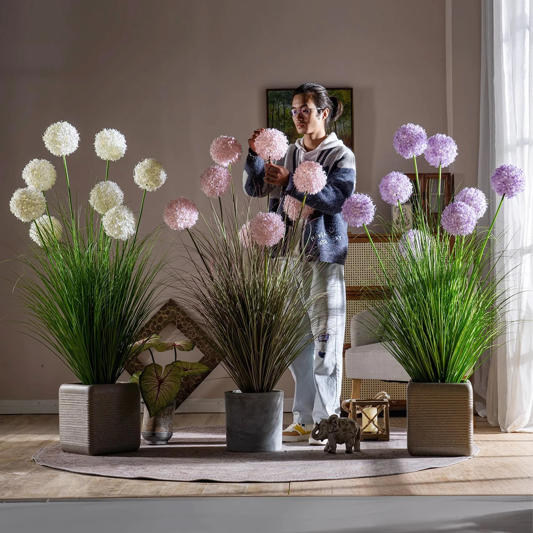 Natural Style Home Office Decor Artificial Plants Real Touch Reed Hydrangea Green Plastic Pot Outdoor Wedding Christmas Any