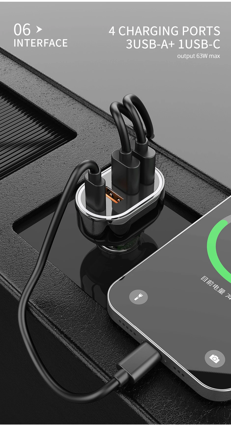 APPACS C68 车载充电器,带三个 USB-A 和一个 USB-C 接口,63W 快速充电,RoHS 和 CE 认证
