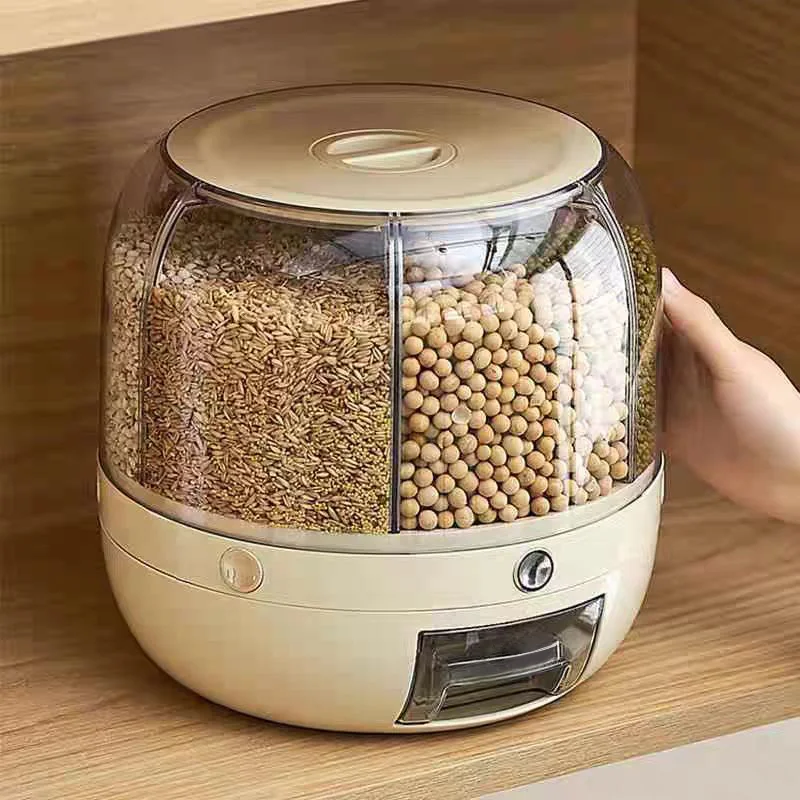Recipiente Plástico de Armazenamento de Alimentos com Grade Rotativa de 6 Divisórias, à Prova de Umidade, para Cozinha, Caixa de Armazenamento para Arroz, Cereal e Grãos