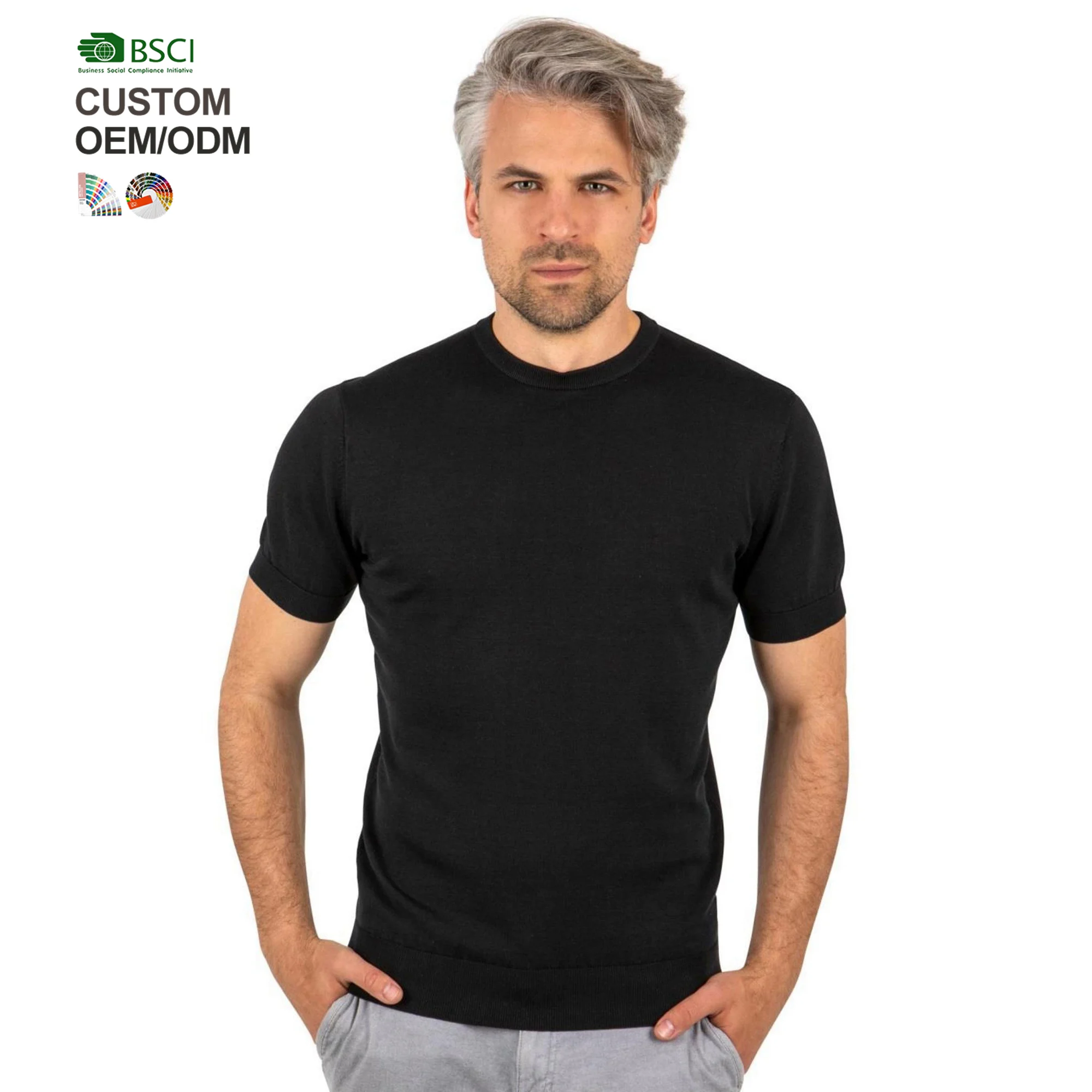 Custom Logo Designer Black Solid Color Cotton Silk Short Sleeve Men Knitted T-shirts