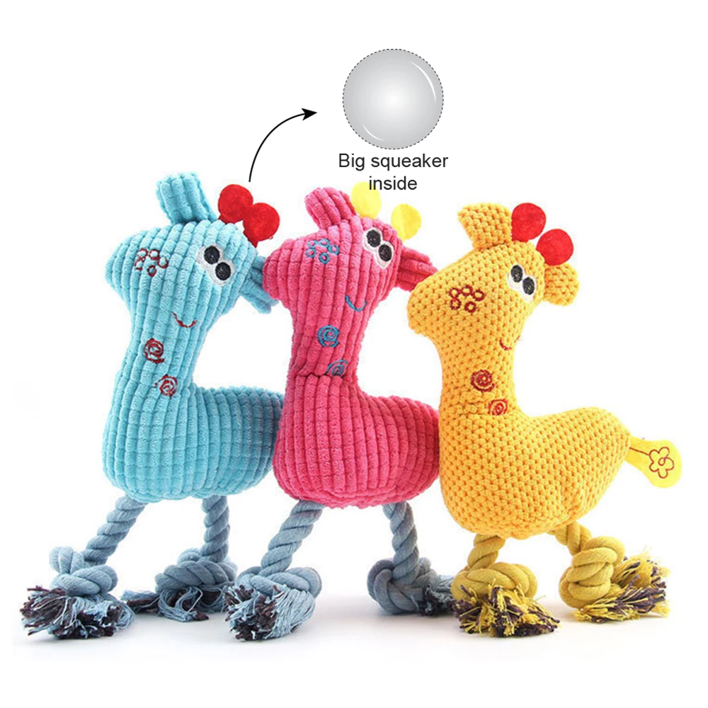 Squeaky plush dog toy color options and size detail