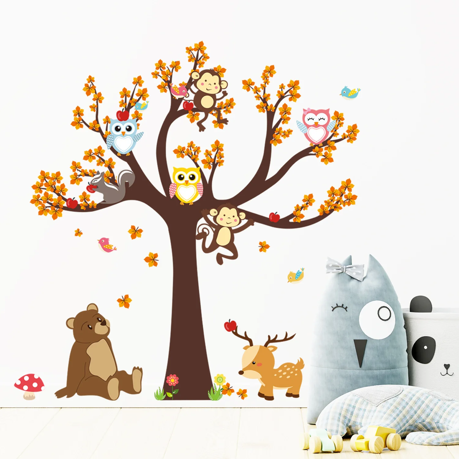 Cartoon Forest Tree Branch Animal Owl Monkey Bear Deer Wall Stickers for Kids Rooms Boys Girls Children Bedroom Home Decor