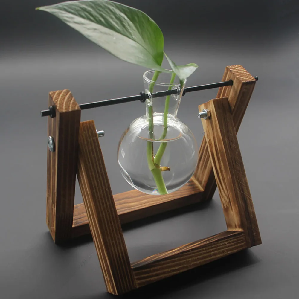Vaso a bulbo in Vetro con Retro Stand in Legno massello e portautensile in Metallo Rotante per Piante in Coltura idroponica Fioriera in Vetro da Tavolo per casa/Giardino/Matrimonio,11x 5.5