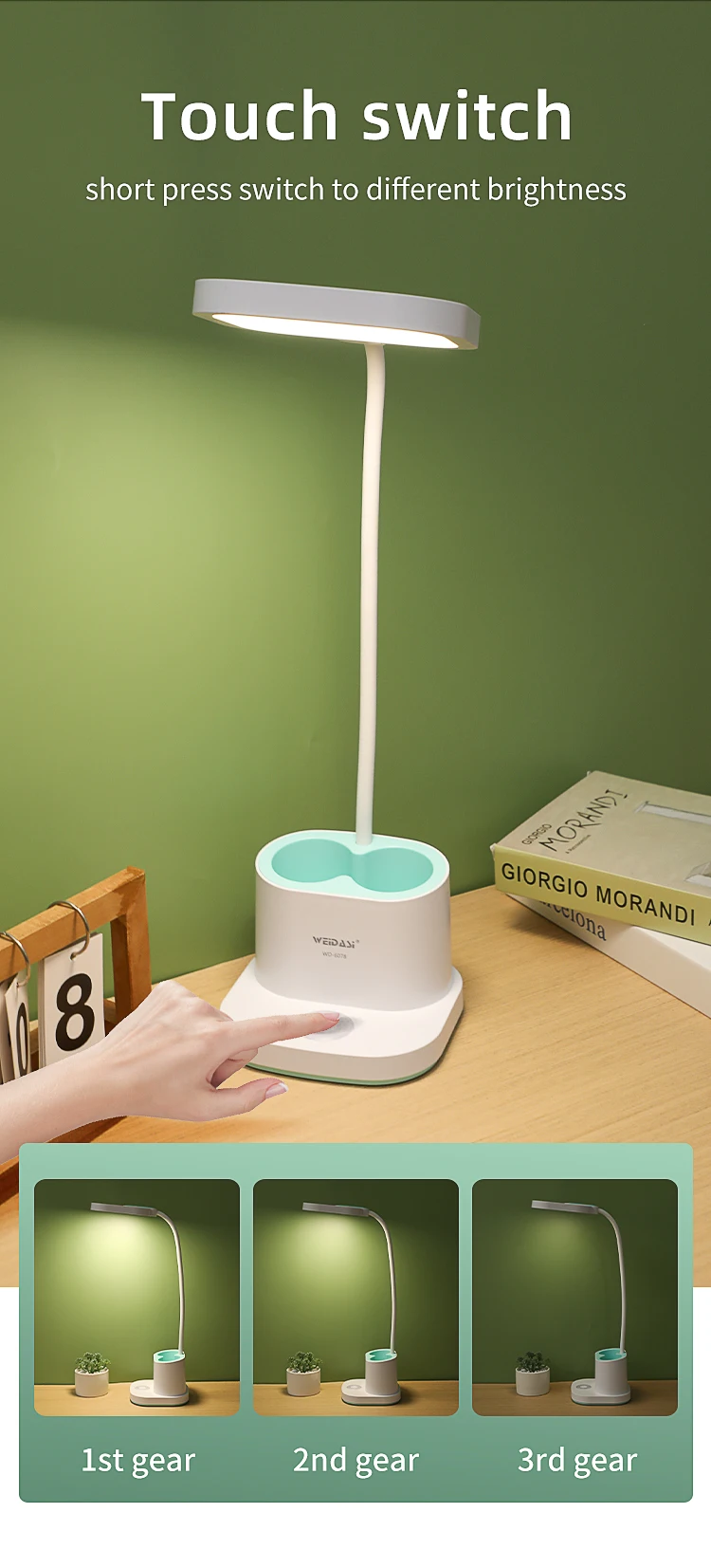 Bright Rechargeable Student Table Lamp Portable Plastic Led Bed Side Reading Desk Lamp with Pencil Holder and USB