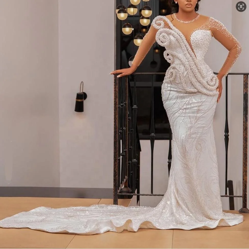 african beaded wedding dress New Mermaid | Luxury Art Deco Long Sleeves & Crystal-web Lace | Couture Fishtail Gown 2025 Designed in the U.S Size-XXL - (UK 18/US 14/EU 46) Black Polka Dot Sleeveless Size:2 - S