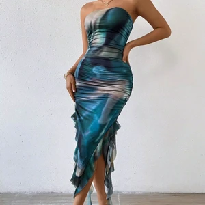 off Shoulder Strapless Bodycon Dress for Women Ruffles Lace Midi Length Tie Dye Printed Y2K Style Custom Model Number
