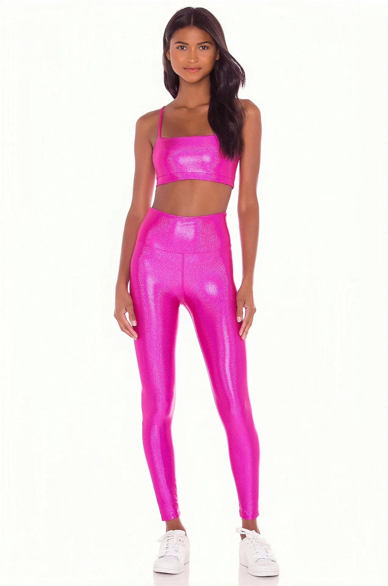 Shop Our Hot Pink Shiny Foil Printed Metallic Yoga Leggings Set