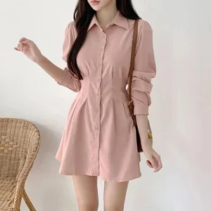 In 2026 Elegant Korean Fashion Natural Waist-fitted Midi Shirt Dress Long Sleeve Casual Autumn