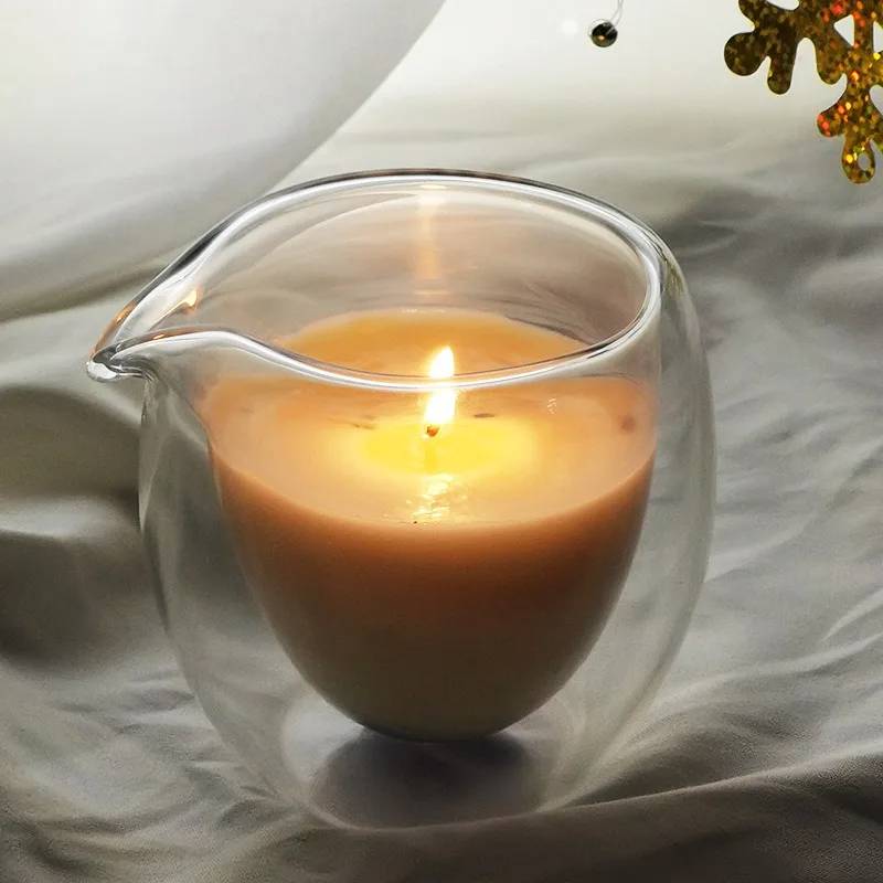 Fancy Double Layer 100ml 200ml 280ml  clear Empty Pour Spout Glass Candle Container with Lid Massage Candle Jar with Spout