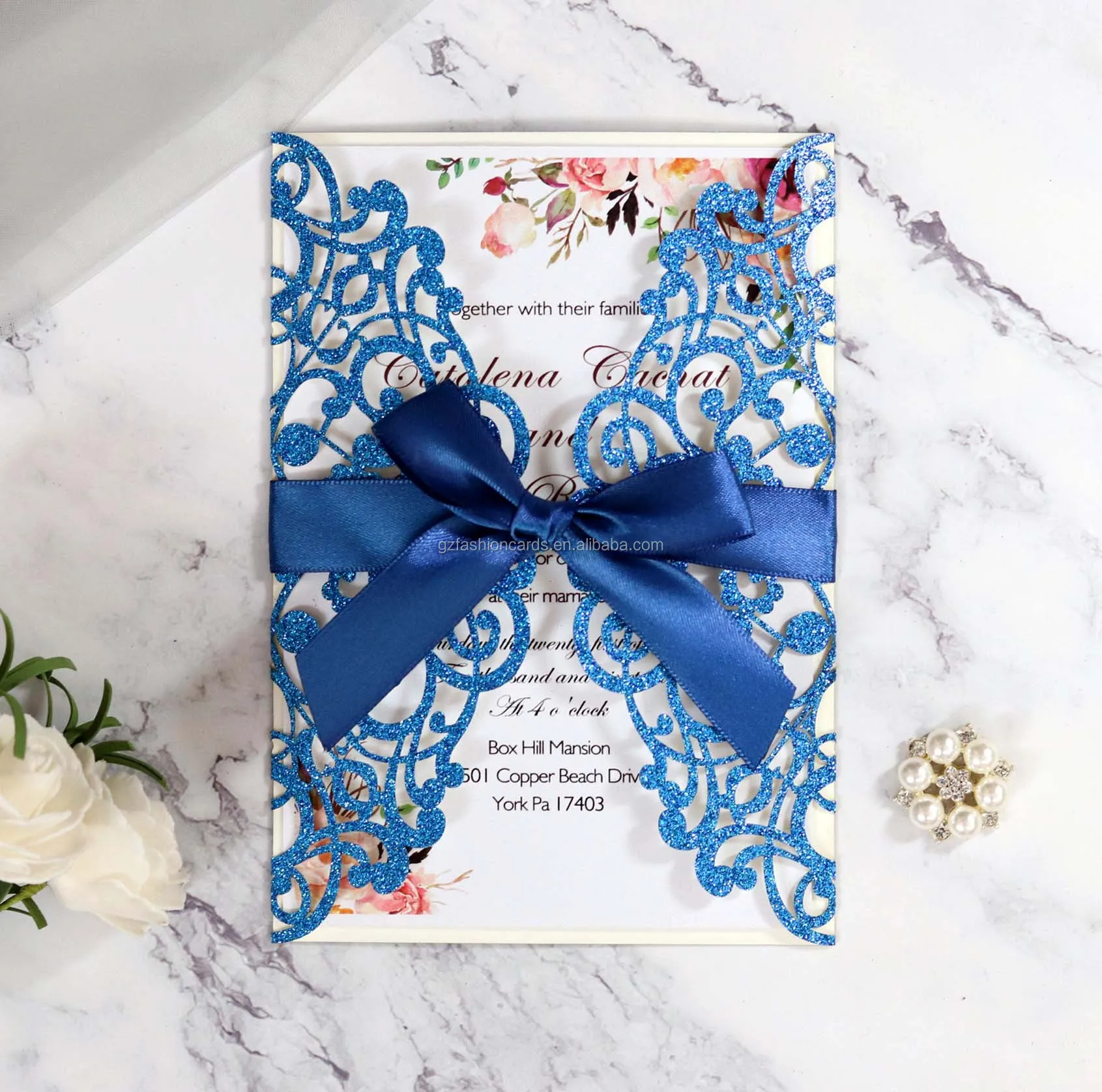 Glitter Paper Laser Cut Wedding Invitations Cover With Ribbon Bow And Buckle And Birthday