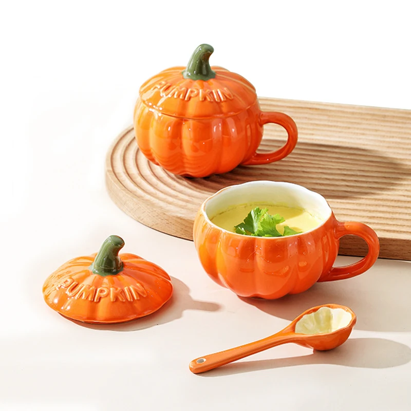 Tasse En Céramique Citrouille Halloween Avec Couvercle Et Cuillère - 13x9x10 Cm - Orange - Parfait Pour Café, Thé, Soupe - 7