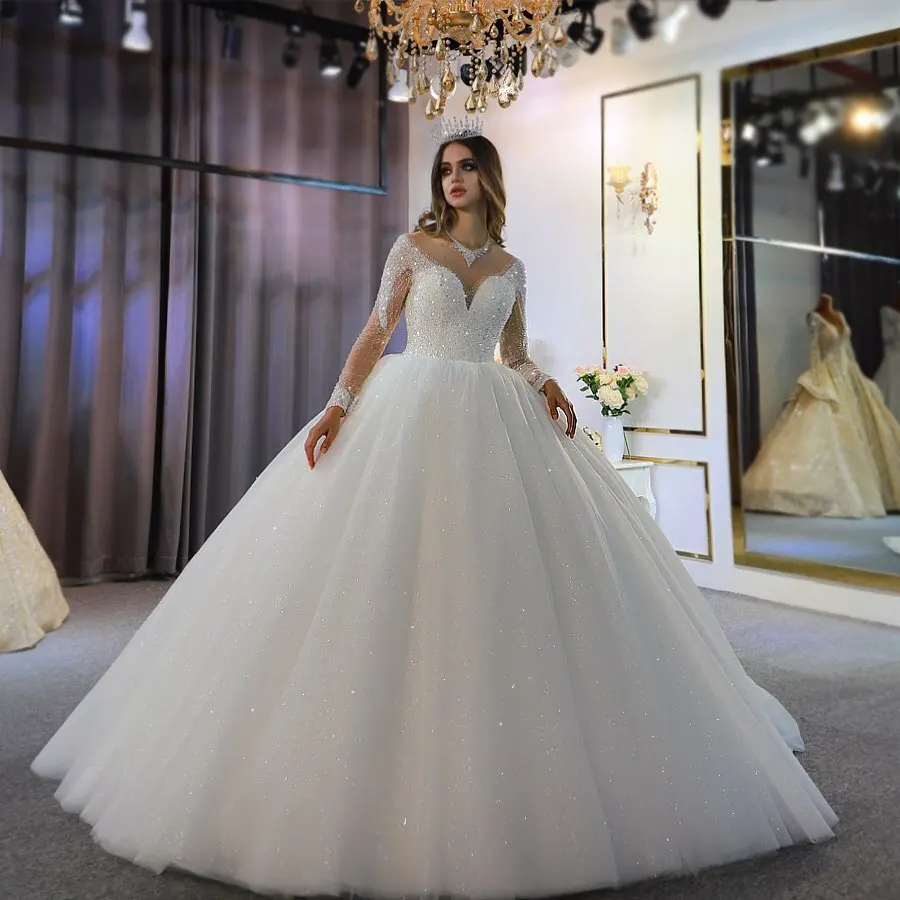 princess style wedding dresses long sleeve 2026 Wedding Dress White High Neck A-line Lace Chapel Train